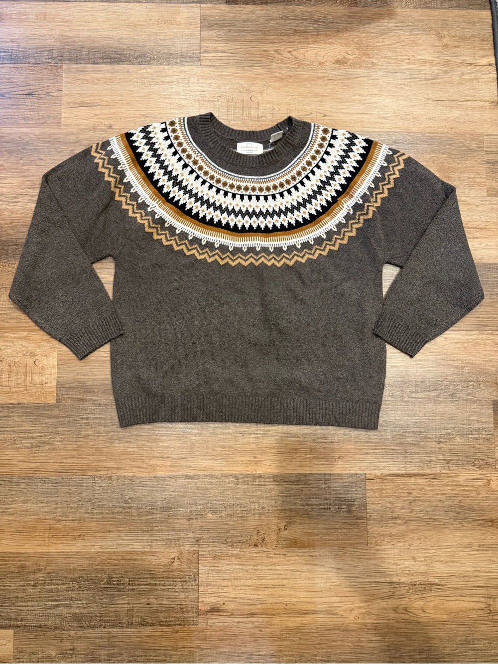 Weatherproof Fair Isle Crewneck Sweater - Gray with Mustard & White
